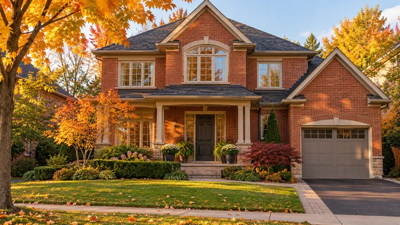 A red-brick two-storey house with a porch and a garage on a quiet suburban street in autumn, maple leaves on the lawn.