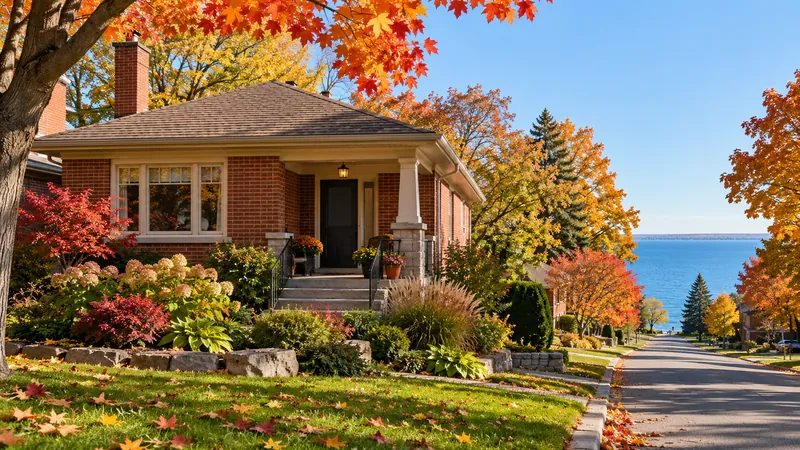 A brick bungalow with a front garden on a residential street that runs down to Lake Ontario, with maples in autumn colour.