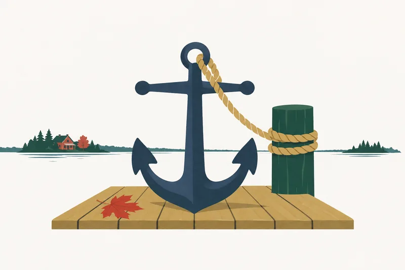 A heavy iron anchor standing on a wooden dock, its rope wrapped around a green mooring post, with a red maple leaf on the planks.
