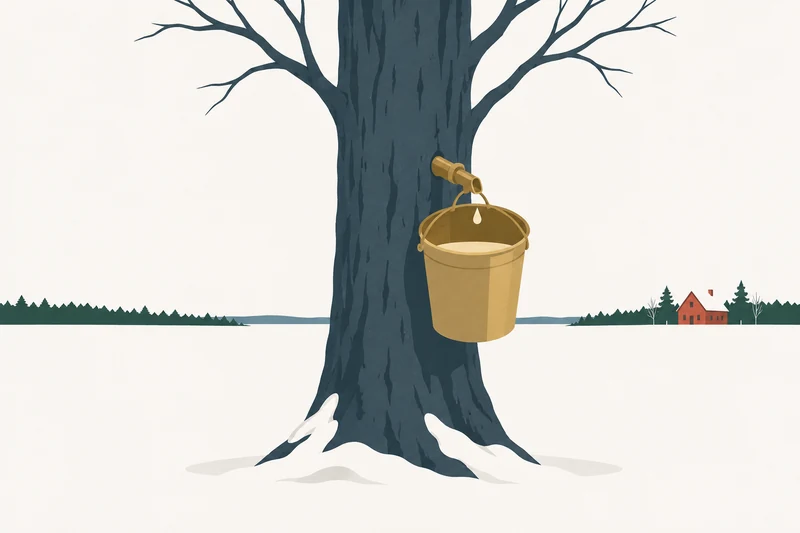 A maple trunk with a metal tap and a bucket hanging from it, partly filled with sap, in a snowy late-winter field.