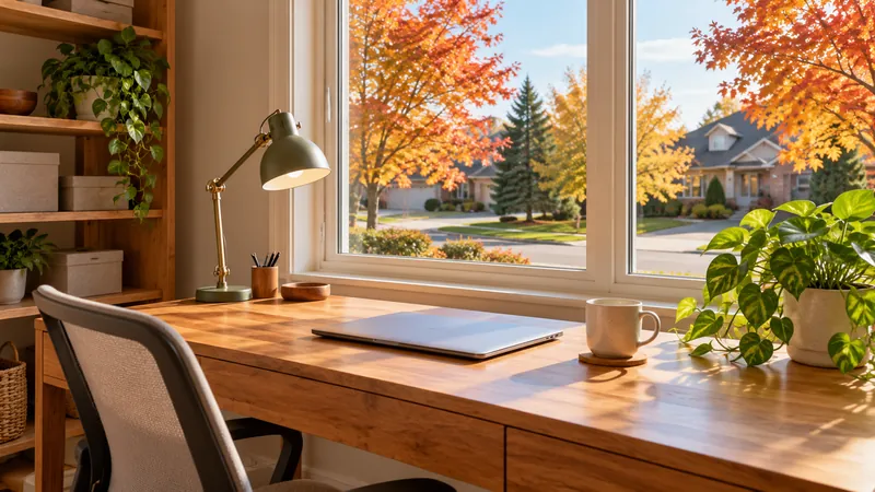 A home office desk by a window, with a closed laptop, a lamp and plants, looking out on a suburban street in autumn.