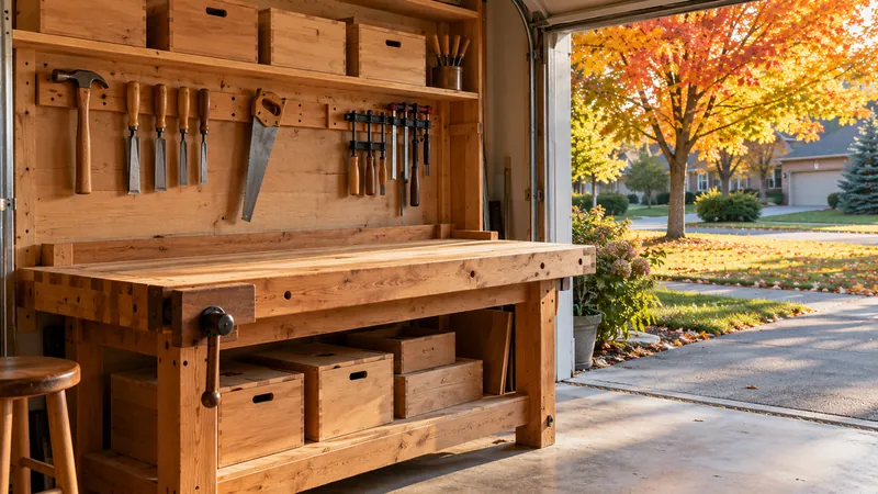 A wooden workbench with hand tools on the wall in an open home garage, facing a tree-lined suburban street in autumn.