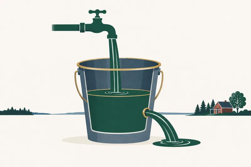 A metal pail with a running tap above and a drain hole at its side, the water level inside held steady between the two streams.
